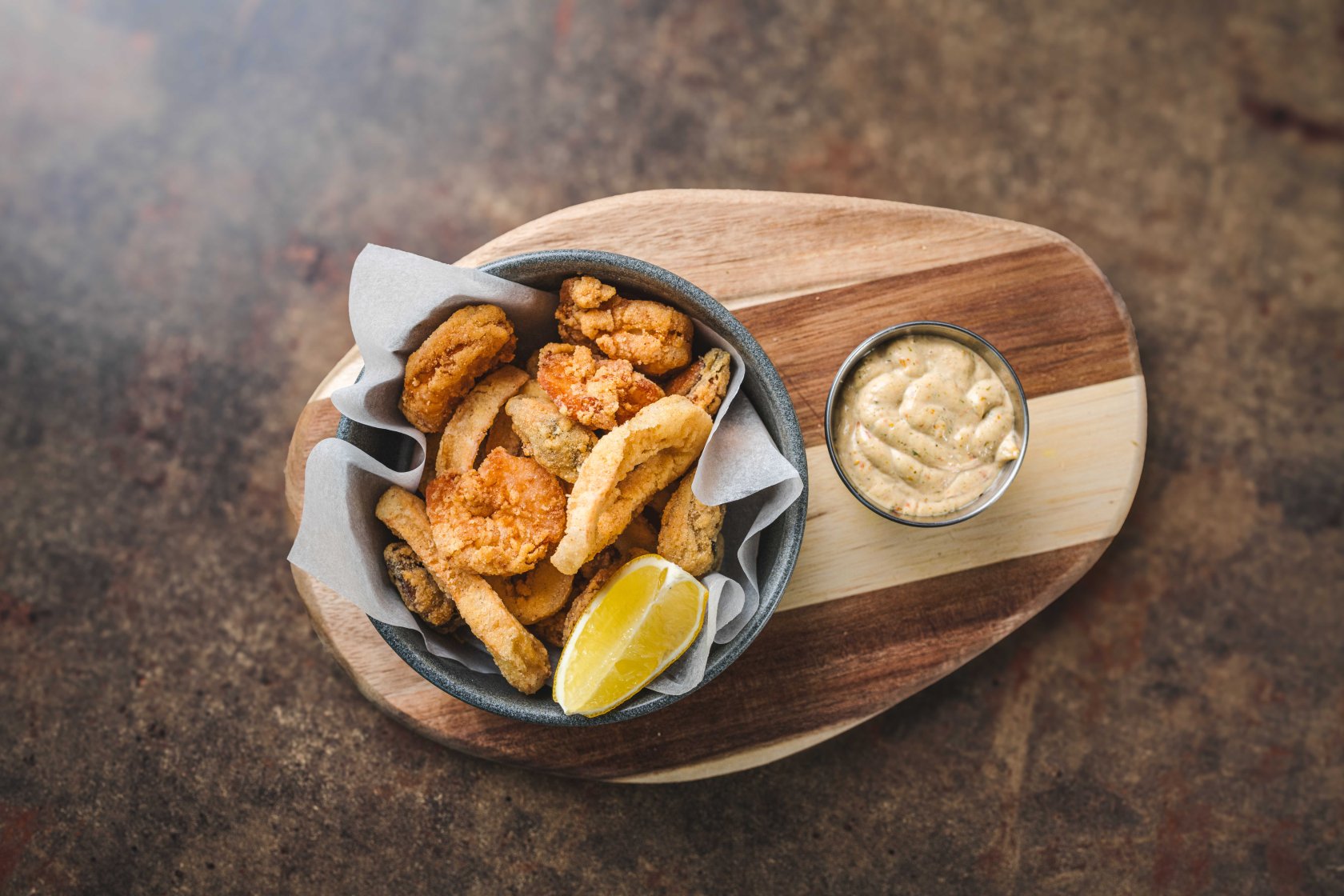 Fritto Misto with  home mayo and pomodori secchi ( 260 g )